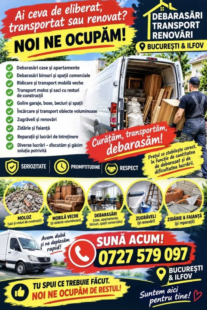 Debarasari . Transport moloz mobila veche noua  . Reparatii Zidărie Faianță